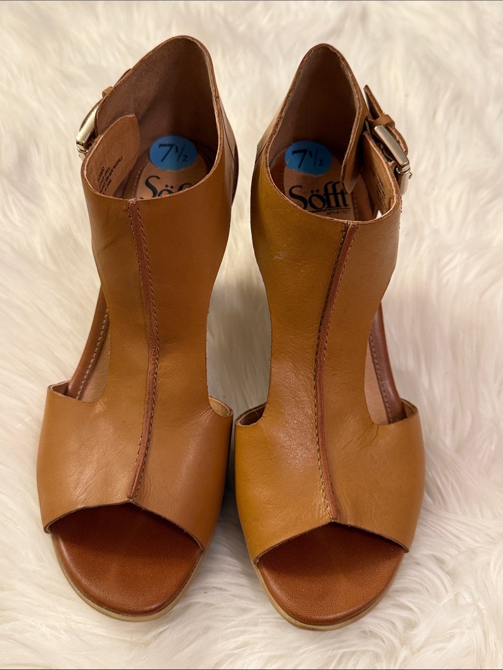 Sofft Cognac Tan Peep-Toe Leather Heels with Ankle Buckle - Picture 2 of 6